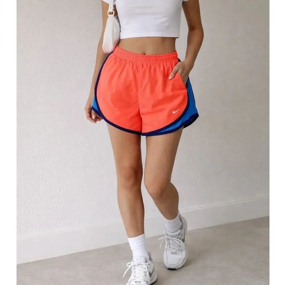 Nike Dri-FIT Neon Coral Running Shorts Size M Blue Trim Athletic Gym Performance
